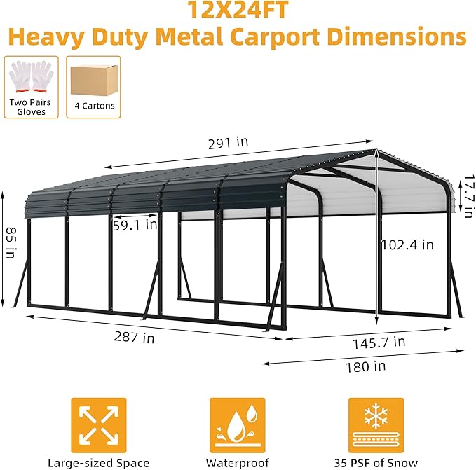 12 x 24 FT Metal Carport with Galvanized Steel Roof, Heavy Duty Metal Roof Carport with Enhanced Base, Tall Kits Garage for Tractors, Trucks, Boats, Cars