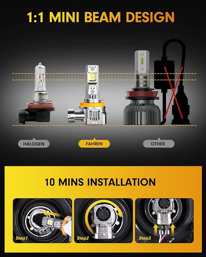 FAHREN H11 9005 Led Bulbs Combo 100000LM 12X Intense Brightness H8/H9 HB3 Bulbs，70,000Hrs Long Service Life，6500K Cool White Fog Light Bulbs, 1:1 Mini Size, Plug and Play, Pack of 4 (2025 Updated)