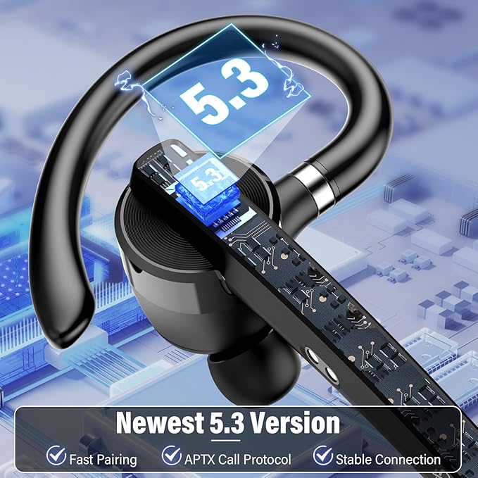 Bluetooth Headset, Wireless Bluetooth 5.3 Earpiece, 90Hrs Hands Free Headset with APTX HD Audio & Mute Button, Dual Noise Cancelling Mics, Single-Ear Headphone for Trucker/Business/Gym/Blue