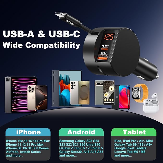 Retractable Car Charger USB C, OKRAY 78W 3-Port 12v Cigarette Lighter Adapter PD30W Fast Charging Type C Car Phone Charger & Coiled USB C Cable for iPhone 16 15 Pro, Samsung Galaxy S25 S24 A16, 2Pack