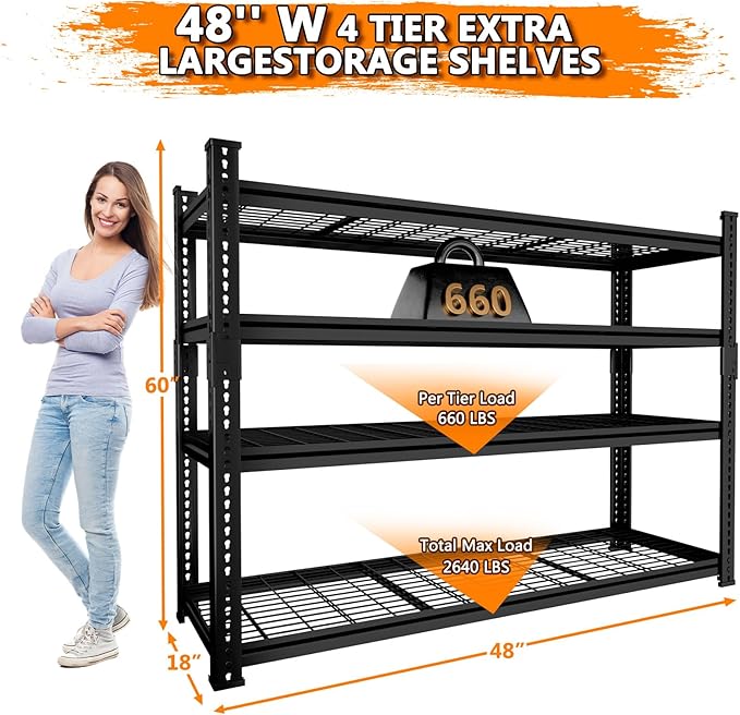 Storage Shelves Heavy Duty, 48"L x 18"W x 60"H Garage Wire Shelving Unit Loads 2640LBS, 4-tier Adjustable Metal Industrial Utility Shelf Rack for Kitchen, Laundry Room, Pantry, Warehouse, Basement