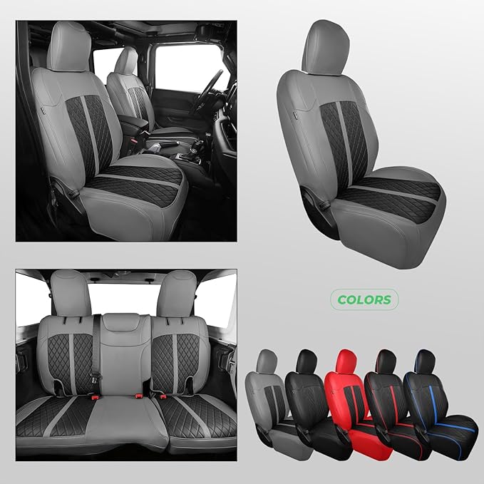 for Jeep Wrangler Seat Covers 4Door JL 2018 2019 2020 2021 2022 2023 2024 2025, Custom Fit Car Seat Cover Full Set, Luxury Waterproof Leather Seat Protectors, Gray Black, W/O Rear Cup Holder