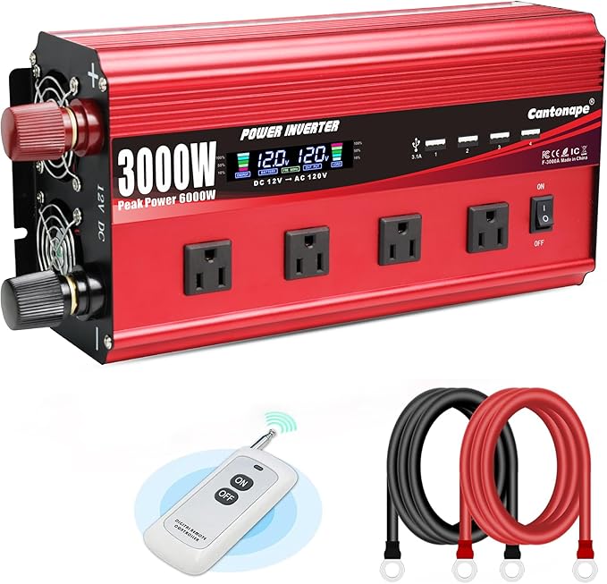 3000W Power Inverter 12V to 110V/120V DC to AC with LCD Display, Remote Controller 4 x AC Outlets and 4 x 3.1A USB Car Adapter for Car Truck Boat RV Solar System