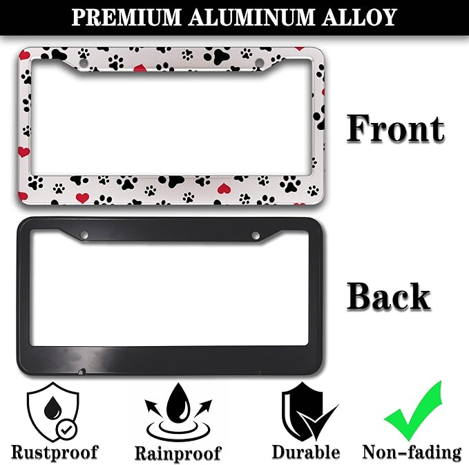 License Plate Frames Black, White, and Red License Plate Bracket Dog Footprints Universal Aluminum Car Accessory 2 Pack with Screw Covers Set
