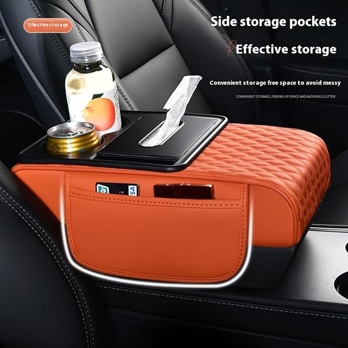 Center Console Cover Organizer, 5-In-1 Arm Rest Cover for Car with Cup Holder & Storage Pocket & Tissue Holder, Armrest Cover Cushion Pad, Water Ripples, Brown