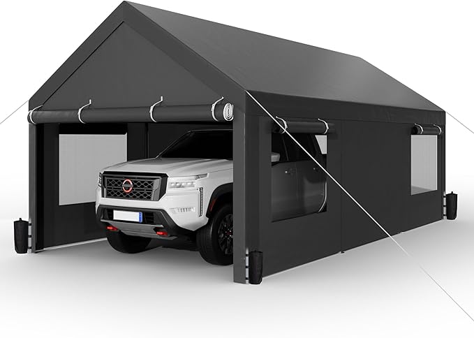 Shintenchi Carport 10' x 20' Heavy Duty Portable Garage, Car Port Canopy with Side-Opening Removable Door & Roll-Up Windows, Car Canopy for Truck,Car,Boat,Motorcycle,Grey