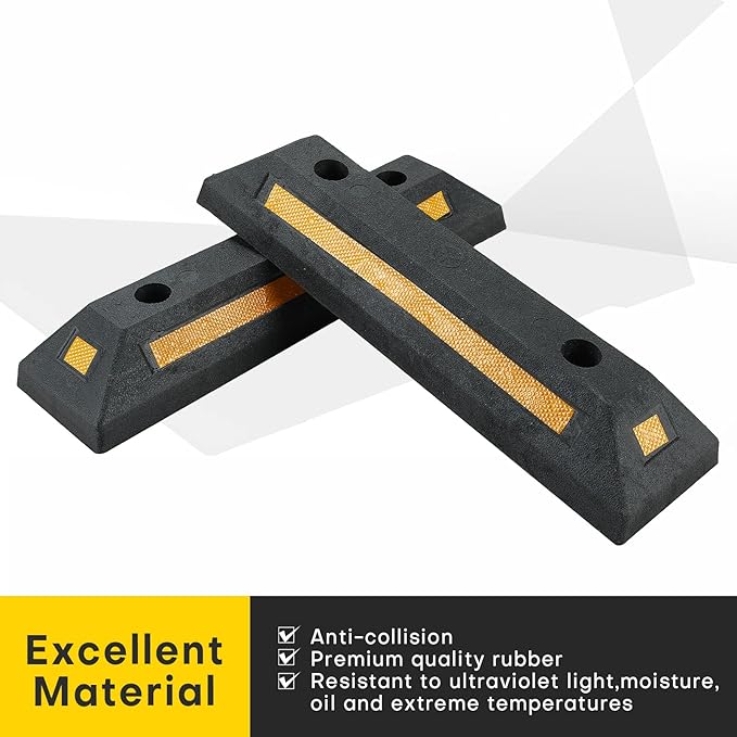 2 Pack Rubber Parking Guide Blocks | Heavy Duty Black Parking Blocks Parking Target Guide with Yellow Reflective Stripes, Wheel Stop Stoppers for Car, Truck, RV, Trailer, and Garage (2 Pack)