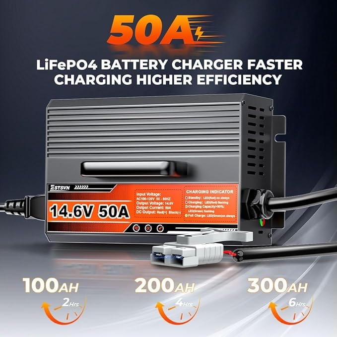 50A 14.6V LiFePO4 Battery Charger 12V Lithium Battery Smart Charger Fast Charging with Anderson Connector AC-DC Trickle Charger for Deep Cycle Rechargeable Batteries of RV Boat Car Marine