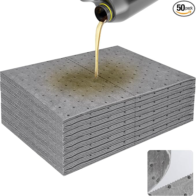 50PC Oil Absorbent Pads | 13"x10" Meltblown Polypropylene Mats, Hand-Tear Lines for Automotive & Workshop | Vacuum Eco-Packaging, Reusable Spill Control
