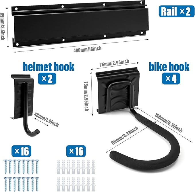 Sinoer Bicycle Wall Rack, Wall Mount for 4 Bicycles + 2 Helmets, Tool Storage Hook Adjustable for Garage or Home, Vertical Bicycle Hanger (Inner Width: 90 mm) - 2 Rails
