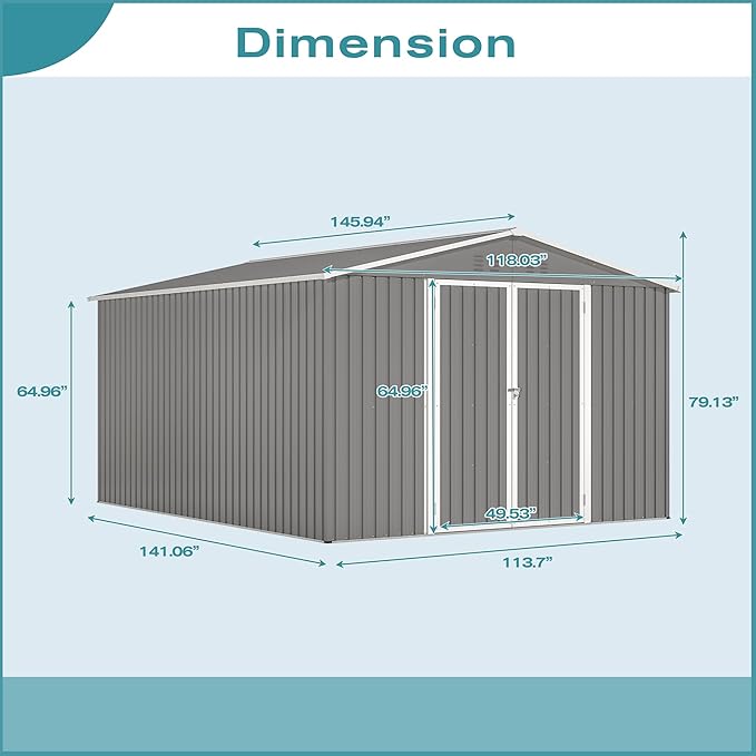 Large Outdoor Storage Shed, 10' X 12' Metal Galvanized Steel Garden Shed with 4 Vents, Utility Tool Shed Storage House for Backyard, Patio, Lawn