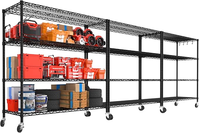 PrimeZone 3 Packs 55.5" W x 24" D x 80" H Heavy Duty Wire Storage Shelves with Wheels, 4 Tier Adjustable NSF Certified Garage Shelving Unit, Rolling Metal Organizer Shelf Rack for Warehouse, Pantry