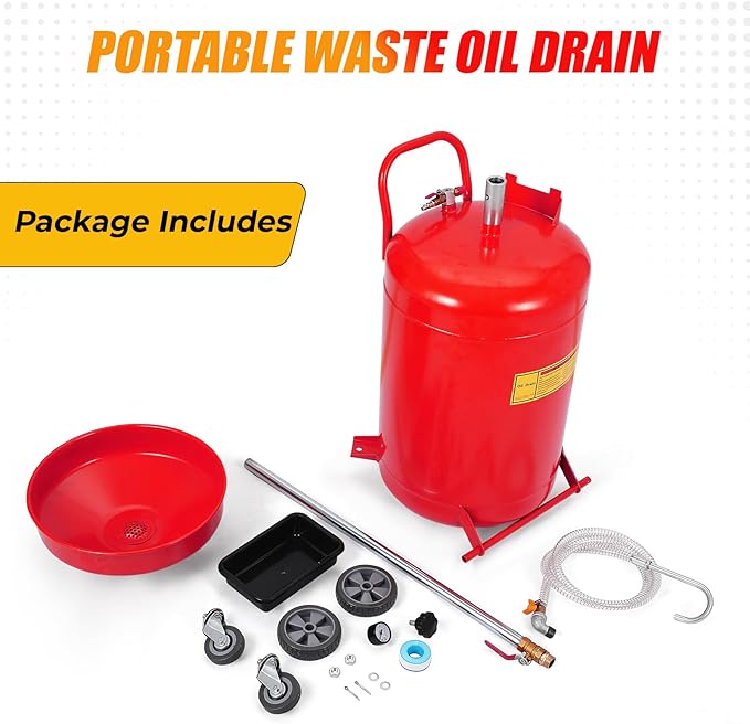 20 Gallon Waste Oil Drain Tank Portable Air Operated Oil Drainer with Adjustable Funnel Height 38-65 Inches 15 Inch Funnel Fluid Fuel Transfer Drain Container with 360 Degree Wheels and Toolbox Red