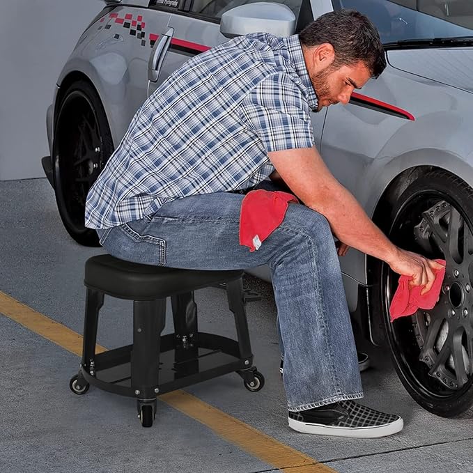 M-AUTO Heavy Duty Garage Rolling Work Seat 300LBS Capacity Mechanics Stool with Wheels, Rolling Work Seat with Equipment Tray and Tool Rack, Rectangle Seat Mechanic Roll Chair, Black