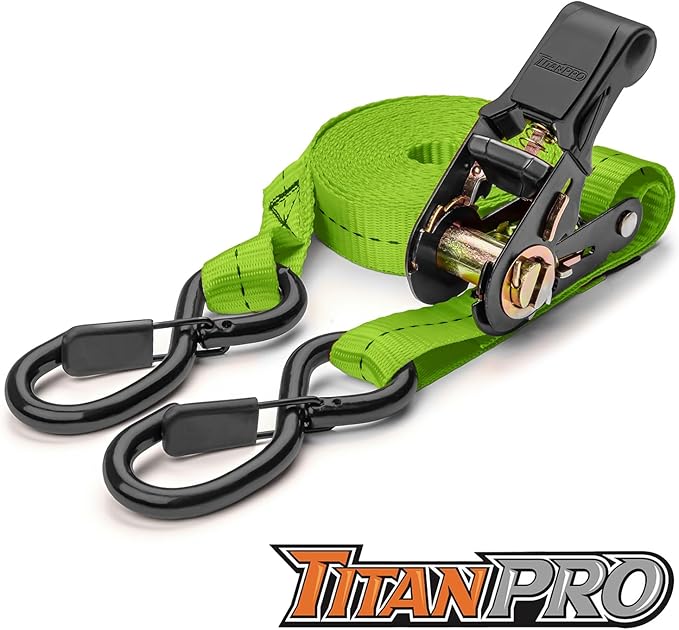 TitanPro Heavy Duty Ratchet Straps 4-Pack - 2,200lb Break Strength, 1" x 15' Rachet Tie Downs with Padded Handles - Heavy Duty, Truck, Motorcycle, Moving Straps (Green)