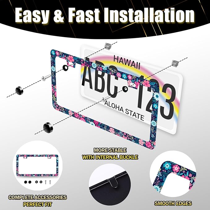 Colorful Flowers License Plate Frame Beautiful Floral Flower License Plate Holder for Women Car Decorative Stainless Steel Cute License Plate Flowers Auto Parts with Screws 12.2"x 6.2"