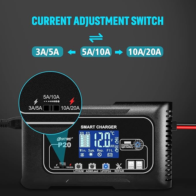 20Amp Smart Lithium Battery Charger, 12V and 24V, Lifepo4, Lead-Acid (AGM/Gel/SLA.) Car Battery Charger, Maintainer Cycle Charger Trickle Charger Battery Desulfator for Boat, Motorcycle