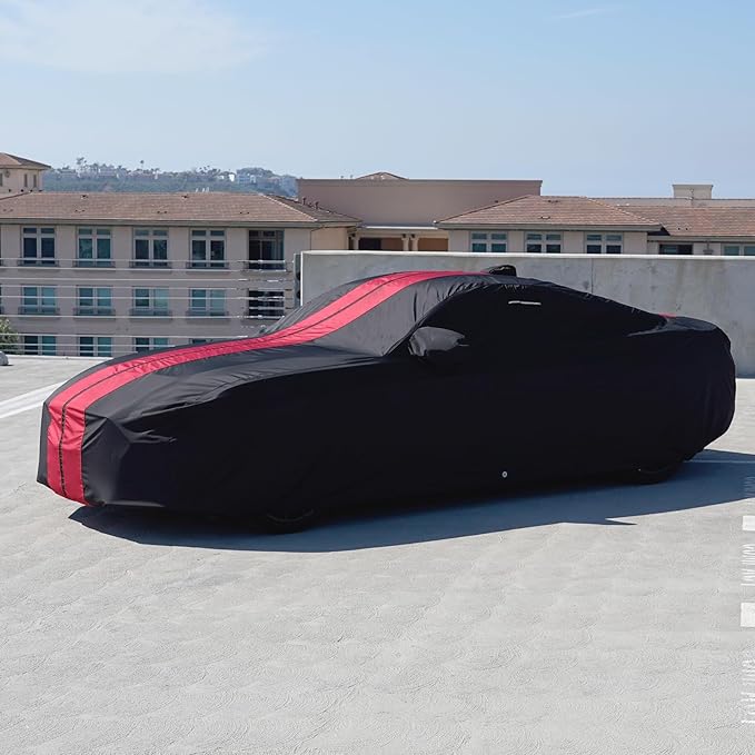 iCarCover Custom Car Cover for Pontiac GTO (2004-2006) Waterproof All-Weather Rain Snow UV Sun Protector Full Exterior Indoor Outdoor Car Cover (Stripe - Black/Red)