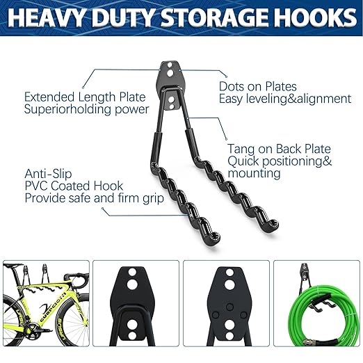 3-H Garage Wall Hooks 42 Pack, Heavy Duty Garage Hooks with Extra Welding Spots, Wall Mount Storage Organizer for Hanging Garden Lawn Tools, Ladder, Bike, WeedEater, Chair, Shovel, Blower (Black)