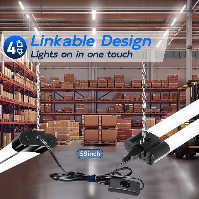 hykolity 4 Pack Linkable LED Shop Light for Garage, 2FT 22W Utility Light Fixture, 2500lm, 5000K Daylight LED Workbench Lighting with Power Cord, Hanging or Flush Mount, Black - ETL