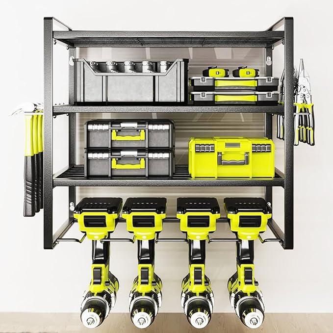 Wall Mount Power Tool Organizer, 4 Layer 4 Drill Hangers Storage Rack, Tool Organizers and Storage for Garage, Workshop, Pegboard, Shed - 16 inch