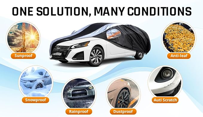 Altima Car Cover Waterproof All Weather with Silver Strip Design, Custom Fit for Altima 2005–2025, Altima Accessory with Door Zipper & Windproof Straps