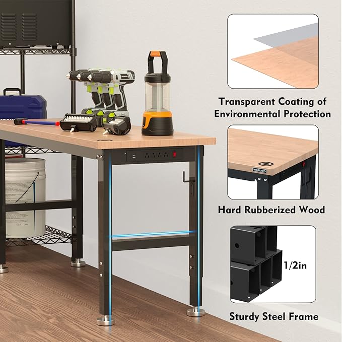 WORKPRO 60" Adjustable Workbench, Rubber Wood Top Heavy-Duty Workstation, 2000 LBS Load Capacity Hardwood Worktable with Power Outlets, for Workshop, Garage