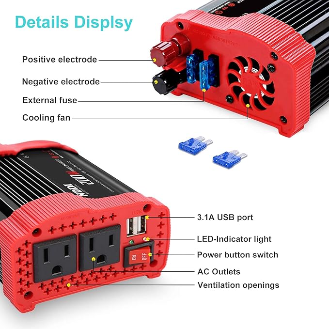200W Car Power Inverter 12V DC to 110V AC Converter with 3.1 A Dual USB Quick Car Charger Adapter