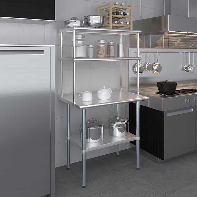 Amgood Stainless Steel Work Table Double Tier Overshelf | Metal Kitchen Prep Table & Shelving Combo (24" x 36" Work Table + 18" Overshelf)