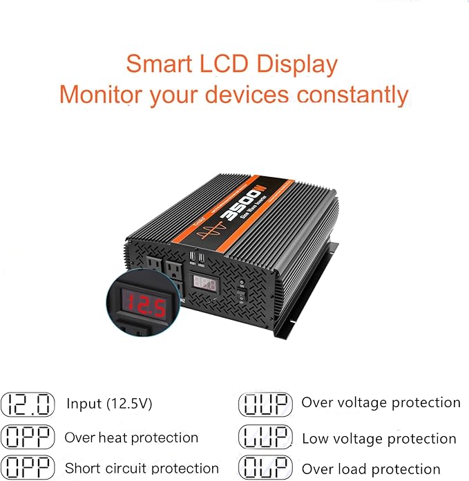 3500W Pure sine Wave Inverter 3500 watt Inverter 12 Volt Inverter RV Inverter Solar Inverter 12V to 120V Inverter 3500 watt Inverter Power Inverter with 4 Power outlets