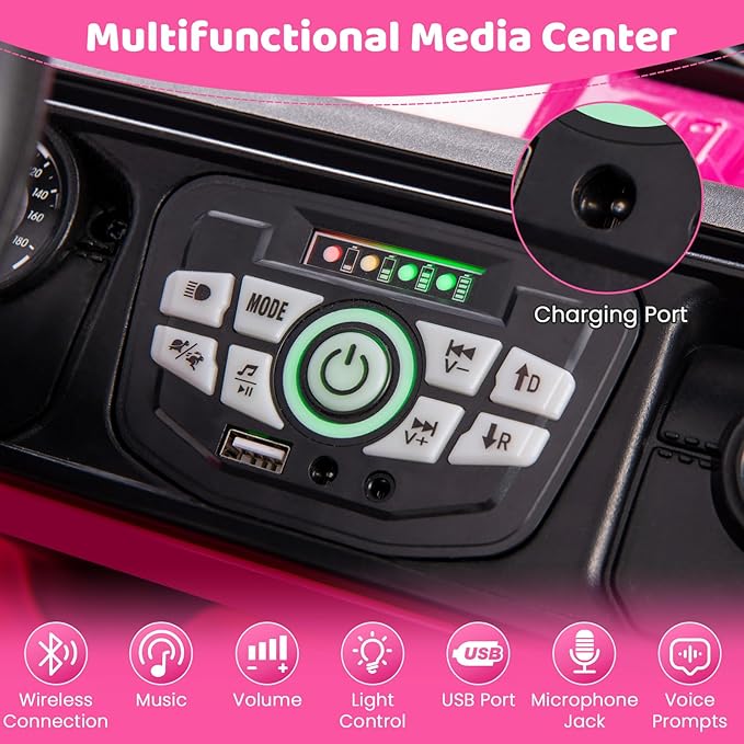Costzon Kids Ride on Truck, 12V Electric Ride on Car with Remote Control, 3 Speed & Spring Suspension, Wireless Connection, USB, Music, Light, Kids Ride on Toys for Boys Girls (Pink)