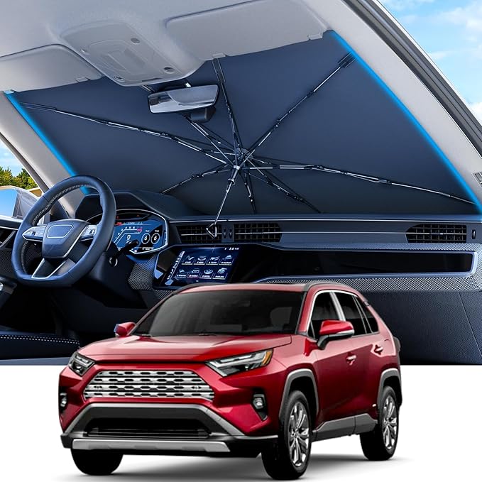 REEVAA 2025 Upgraded Car Windshield Sun Shade Umbrella [100% Sun Protection & Keep Cool] Protect Interior, 360° Flex Handle Sun Shield Sunshade, Medium (57''x32'') for Most SUV/Truck