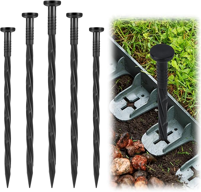 Landscape Edging Stakes, 120 Pcs 8" Plastic Garden Spikes, Spiral Nylon Anchoring Spikes for Paver Edging, Weed Barriers, Artificial Turf, Tent, Grass Pathway and More, Black