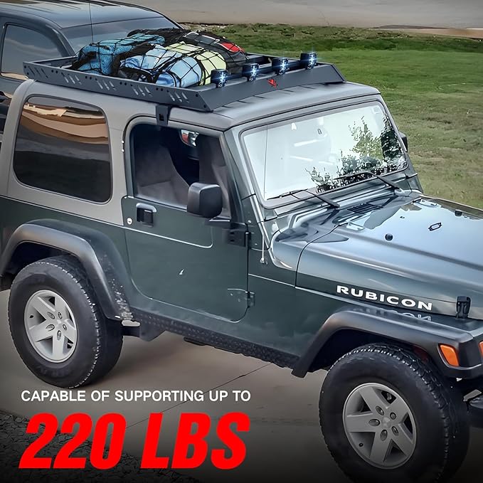 Roof Rack Cargo Basket with 4PCS LED Light Bar Compatible for 1997-2006 Jeep Wrangler TJ 2 Doors Hardtop, Luggage Racks Rooftop Storage Carrier (Black)