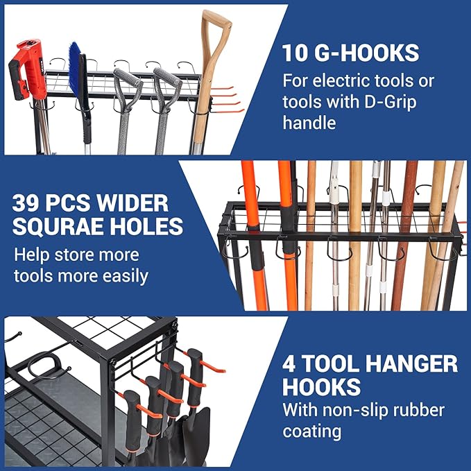 Garden Tool Organizer, Yard Tools Rack Holds 55 Long-Handled Tools/Rakes/Brooms for Garage Organization and Storage, Shed, Outdoor, Lawn, Heavy-Duty Steel, Black, Easy Assembly