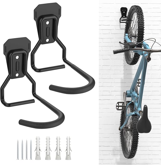 Bike Wall Mount with Fixed Hook, [2 Pack] Heavy Duty Bike Storage Rack, Bike Rack Vertical Stand for Garage - Easily Hang/Detach - with Screws Iron Bike Hanger Brackets