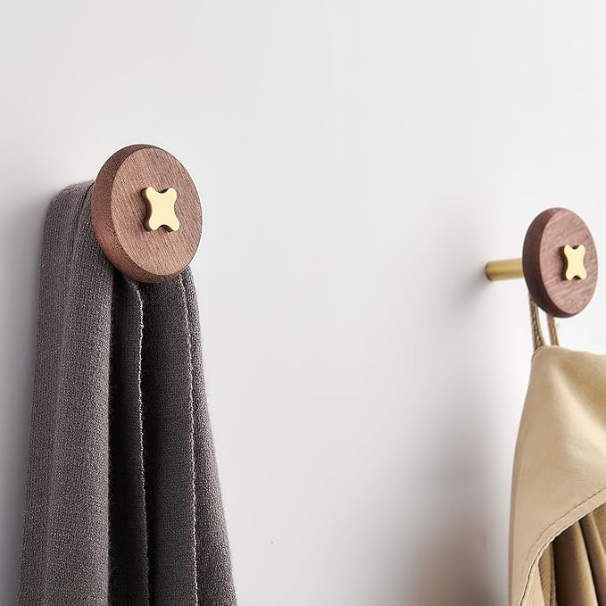 Solid Brass & Sapele/Mahogany Wall Hooks 2 Pack - Decorative Heavy Duty Coat Hooks with Vintage Cross Screw Design for Entryway, Bathroom, Luxury Spaces TC008S