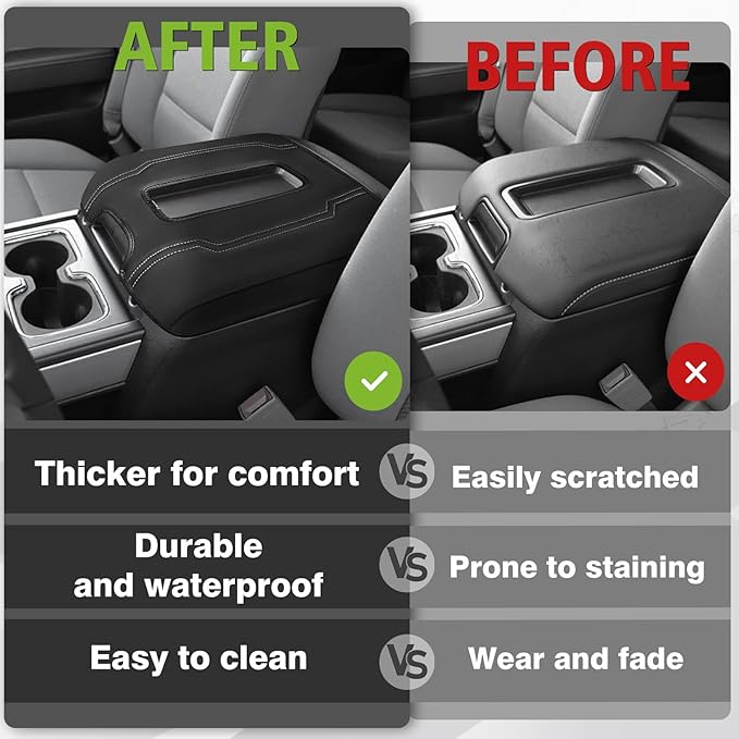 Muslogy Center Console Armrest Cover Compatible with Chevy Silverado & GMC Sierra 1500 2500 3500 2014-2018 Comfort Armrest Pad Arm Rest Cushion Vegan Leather Protector Regular Thick(Bucket Seat ONLY)