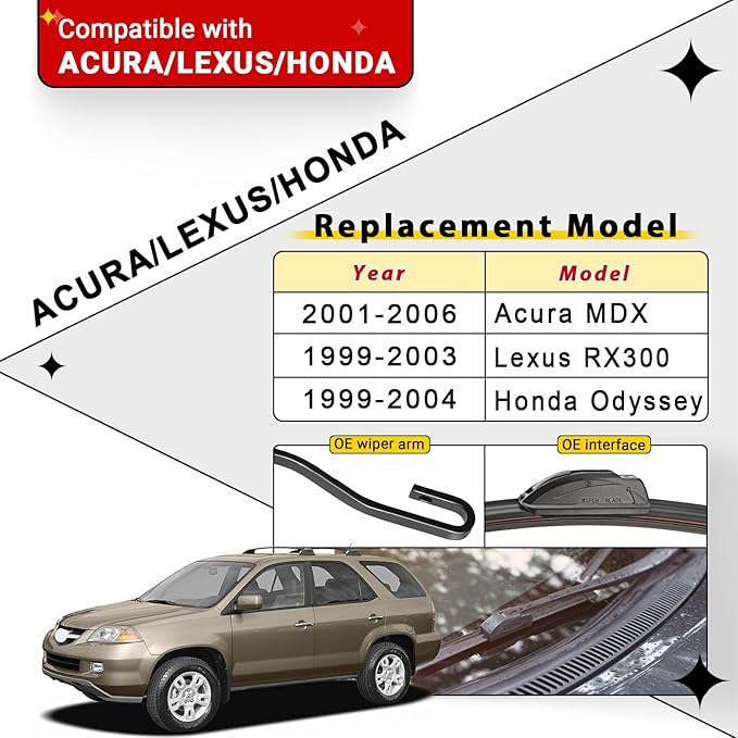 Windshield Wiper Blades Replacement for 1999-2004 Honda Odyssey / 1999-2003 Lexus RX300 Original Factory Quality Front Rear Wipers Blade Set for My Car - 24" 21" 16"