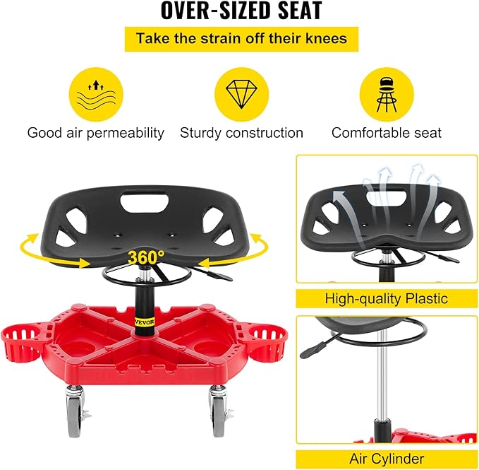 VEVOR Rolling Garage Stool, 300LBS Capacity, Adjustable Height from 18 in to 23 in, 360-degree Swivel Wheels (4"), Large Tool Tray with Two Bottle Holder, for Workshop, Auto Repair Shop, Red