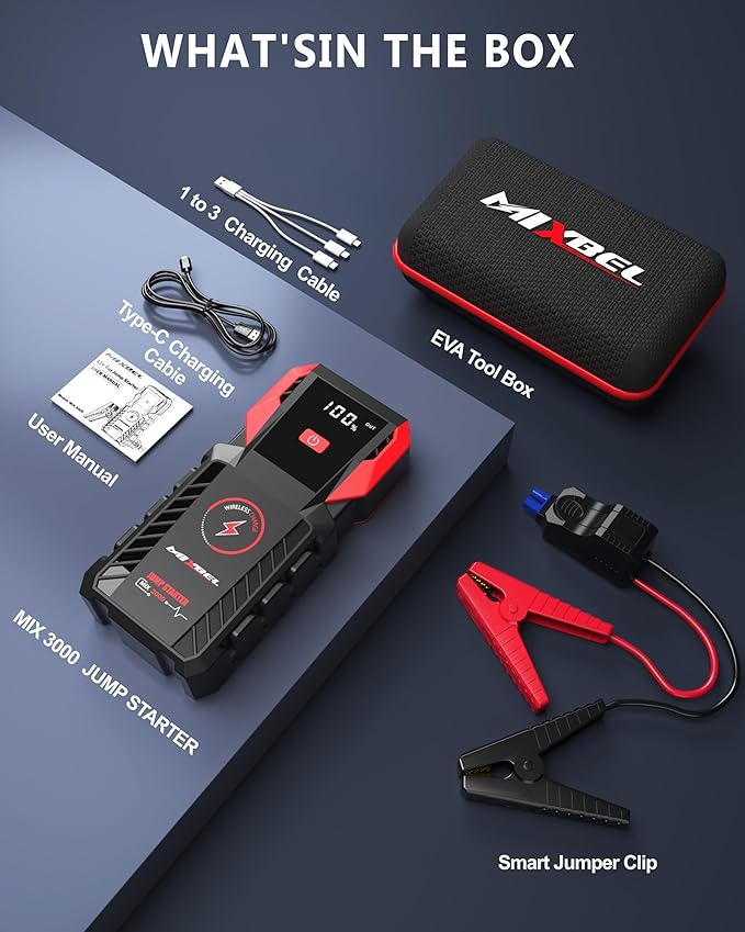Jump Starter 3000A Peak 12V Portable Car Battery Jump Starter 24000mAh Jump Box for up to 8L Gas or 8L Diesel Engine Jump Starter Battery Pack with LED Light, USB QC 3.0 and Wireless Charging