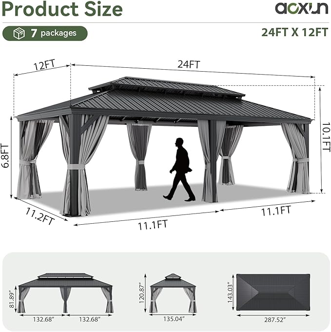 Aoxun 12' X 24' Hardtop Gazebo with Drainage System, Aluminum Outdoor Gazebo with Galvanized Steel Double Roof, Patio Permanent Metal Pavilion with Netting, for Garden, Deck, Grey
