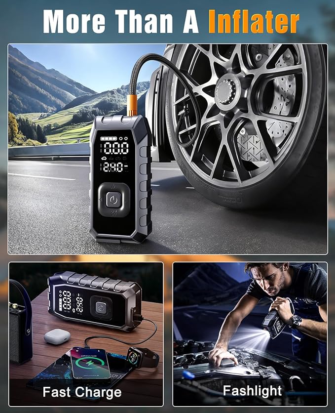 Tire Inflator Portable Air Compressor,65W Fast Charge 180PSI Cordless Electric Air Pump with Digital Pressure Gauge,Jump Starter Auto-Off for Car Bicycle Ball Inflatable,Battery Booster with Light