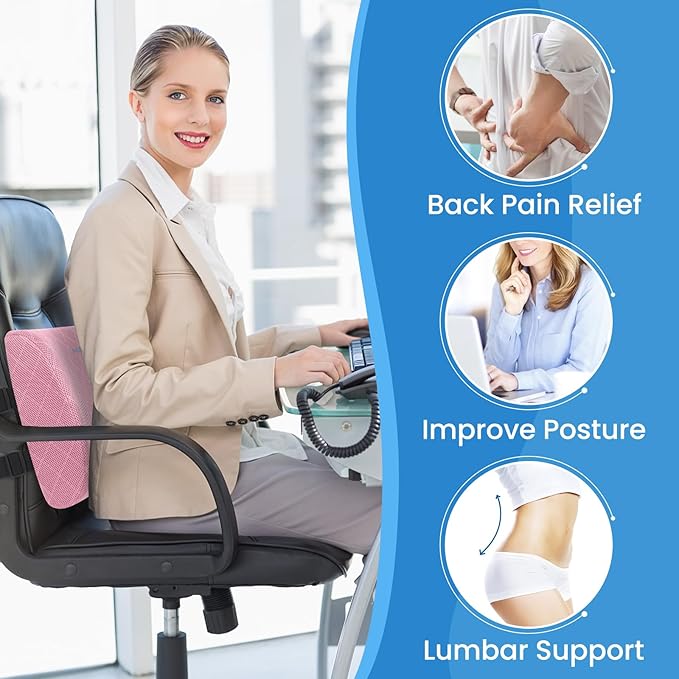 Lumbar Support Pillow for Office Chair Back Support Lumbar Pillow for Car, Gaming, Office Chair - Improve Sitting Posture & Back Pain Relief, Memory Foam, Adjustable Straps, Pink