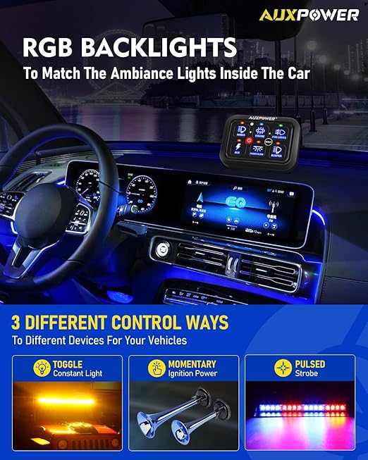 Auxpower 6 Gang Switch Panel Toggle Momentary Pulsed Led Switch Panel RGB Dimmable Switch Panel Auxiliary Circuit Control Relay System Automotive Switch Panel for Truck Boat Car(RGB A26 Switch Panel)