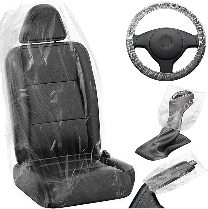MYFAMIREA 250 PCS Disposable Car Seat Covers Clear Plastic Vehicle Seat Protector Set with Steering Wheel, Gear Shift and Handbrake Covers, Universal for Cars Auto Truck Bus Airplane