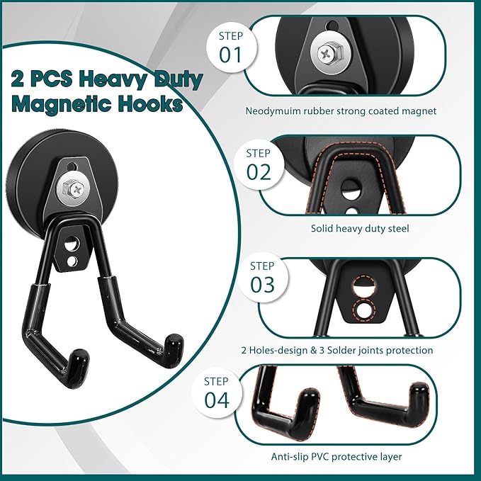2 Pcs Storage Utility Magnets Hanging Hook with Anti-Slip Coating,Heavy Duty Strong Magnetic Garage Hooks, Magnetic Wreath Hanger for Metal Door Cabinet Pegboard Shelve Garden Tools(Black)