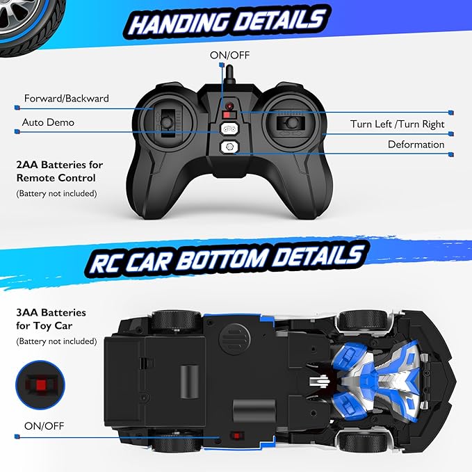 Remote Control Car for Boys 4-7, 2.4GHz RC Car 1:18 Scale, One-Button Transforming Toy with 360° Spins, LED Lights (Blue)