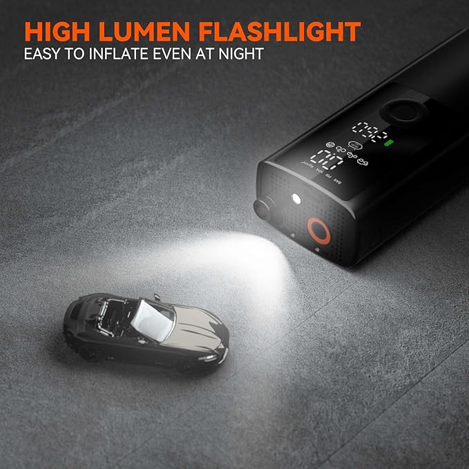 Electric Air Pump - for Bikes, Balls, Motorcycles, Cars & More - with Digital Pressure Gauge, LED Light, Auto Shut-Off - Hi-Reliable Compact Cordless Inflator