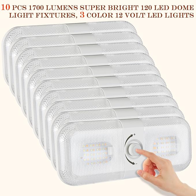 Retisee 10 Pcs RV Lights Interior 1700LM, 3 Color 12V RV LED Dome Lights Ceiling Double Lights Fixture with ON/Off for Camper/Car/Trailer/Boat, 2700-6700K